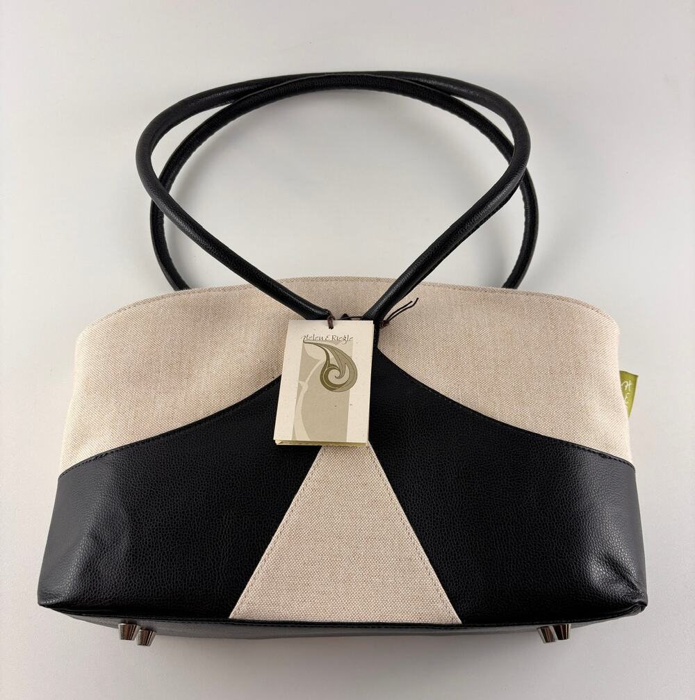 Helen & Riegle Handbag NWT Black Tan Colorblock Structured Shoulder Bag 14"